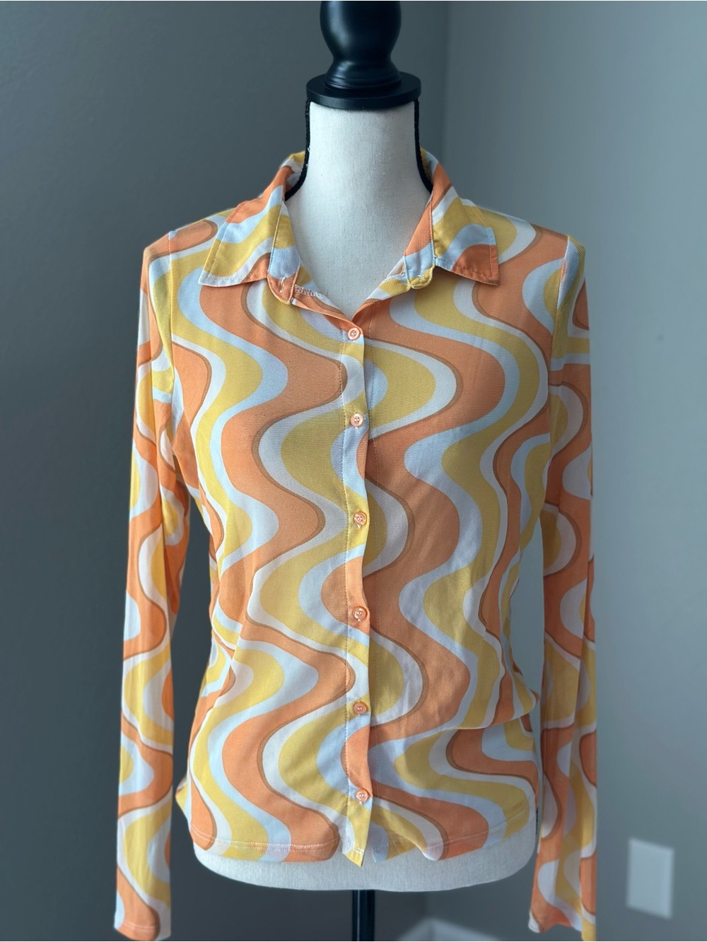 Cotton On Wavy Print Sheer Button-Down Goth Punk Shirt in Orange, Yellow & White
